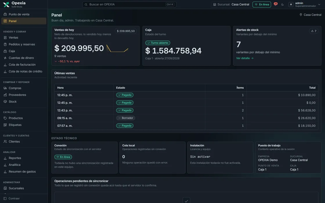 Panel de OPEXIA: ventas de hoy, estado de la caja, alertas de stock y últimas ventas.